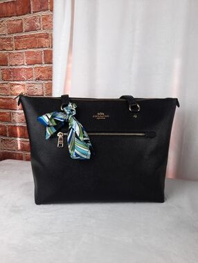 Coach Black Leather Tote with  Scarf Accent